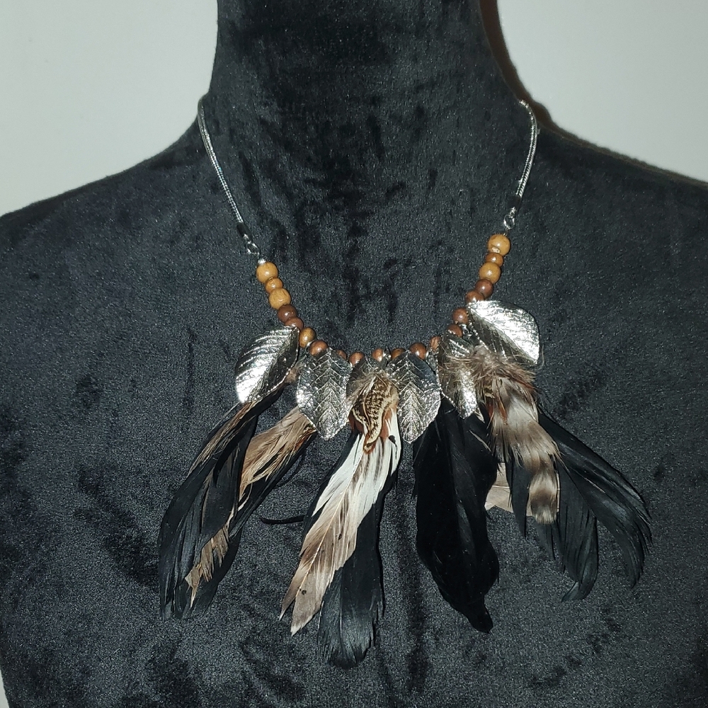 Silver and Black Feather Necklace